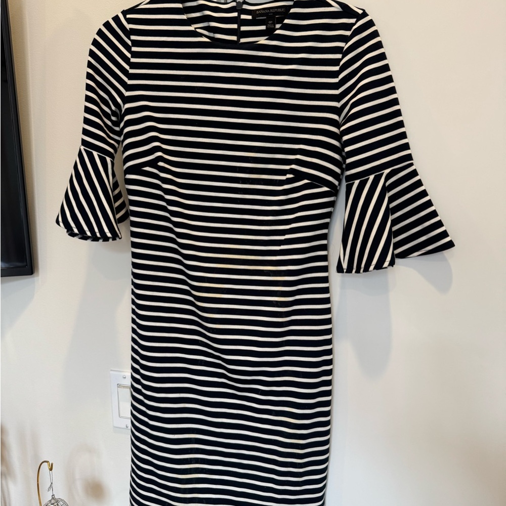 Navy Blue and White Striped Dress with Flared Sleeves - Banana Republic